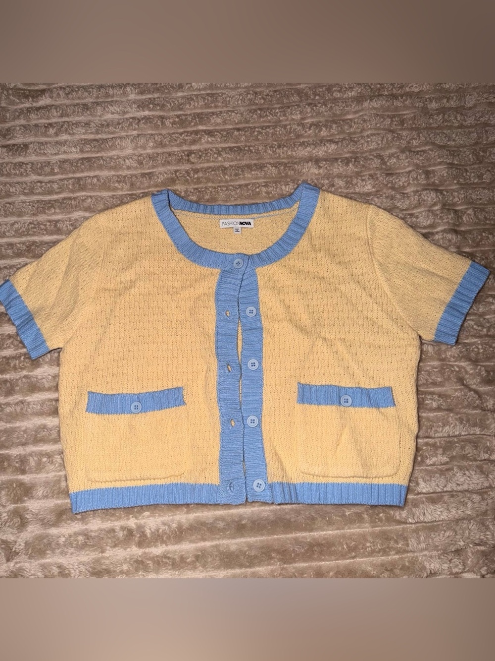 Fashion Nova Yellow and Light Blue Cropped Button-Up Cardigan